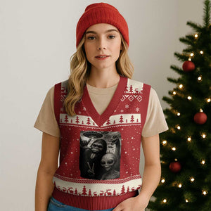 Bigfoot Alien Loch Ness Monster V-Neck Knit Sweater Vest Funny Cryptid UFO Selfie Sasquatch Rock On TS10 Red Beige Print Your Wear