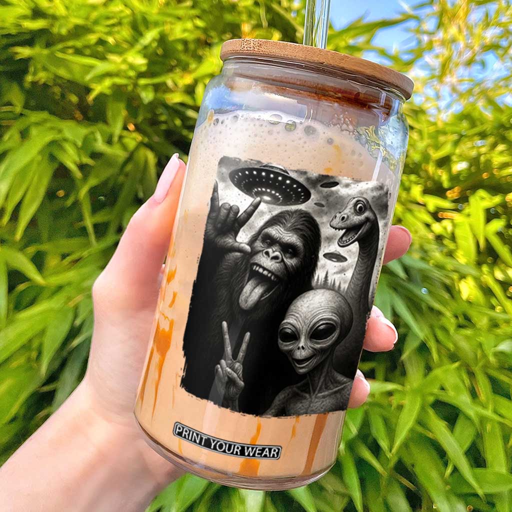 Bigfoot Alien Loch Ness Monster Glass Can Funny Cryptid UFO Selfie Sasquatch Rock On TS10 Black Print Your Wear