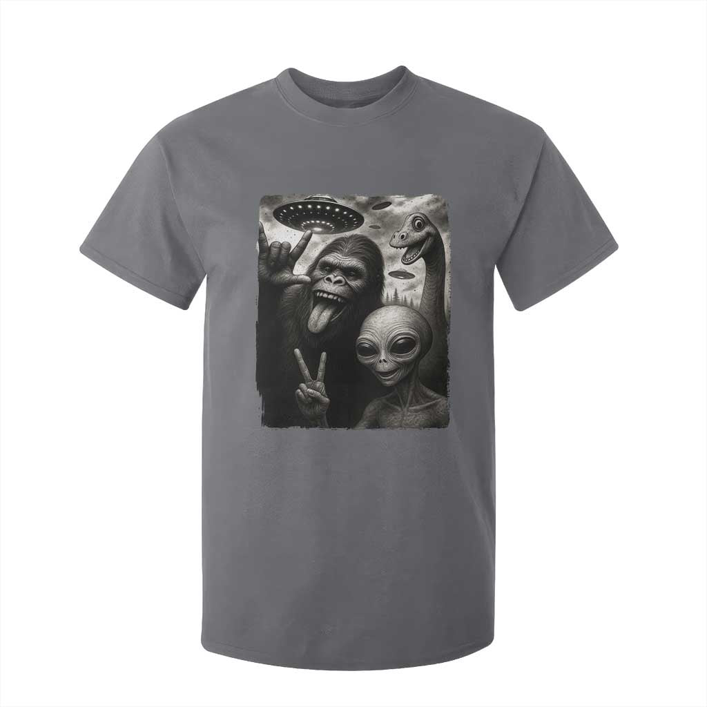 Bigfoot Alien Loch Ness Monster T Shirt For Kid Funny Cryptid UFO Selfie Sasquatch Rock On TS10 Charcoal Print Your Wear