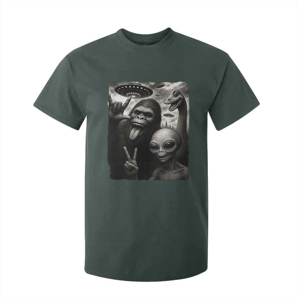 Bigfoot Alien Loch Ness Monster T Shirt For Kid Funny Cryptid UFO Selfie Sasquatch Rock On TS10 Dark Forest Green Print Your Wear