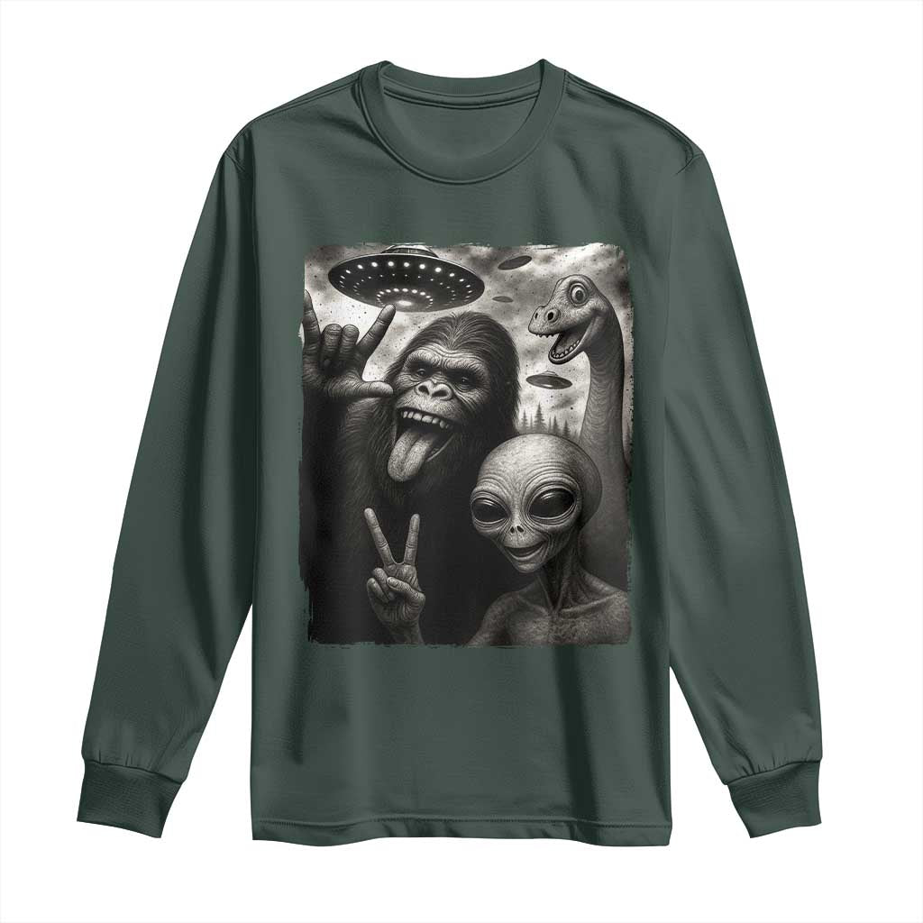 Bigfoot Alien Loch Ness Monster Long Sleeve Shirt Funny Cryptid UFO Selfie Sasquatch Rock On TS10 Dark Forest Green Print Your Wear