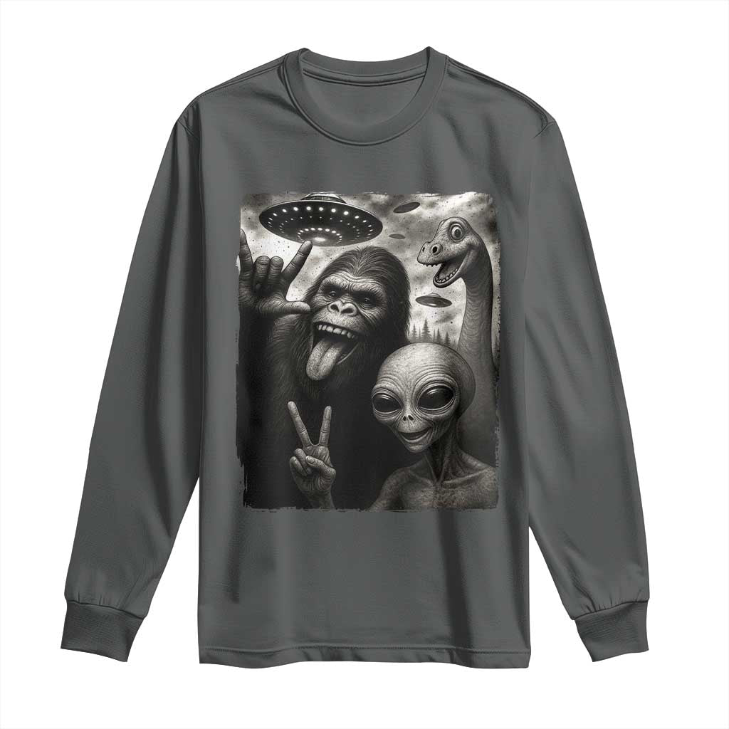 Bigfoot Alien Loch Ness Monster Long Sleeve Shirt Funny Cryptid UFO Selfie Sasquatch Rock On TS10 Dark Heather Print Your Wear
