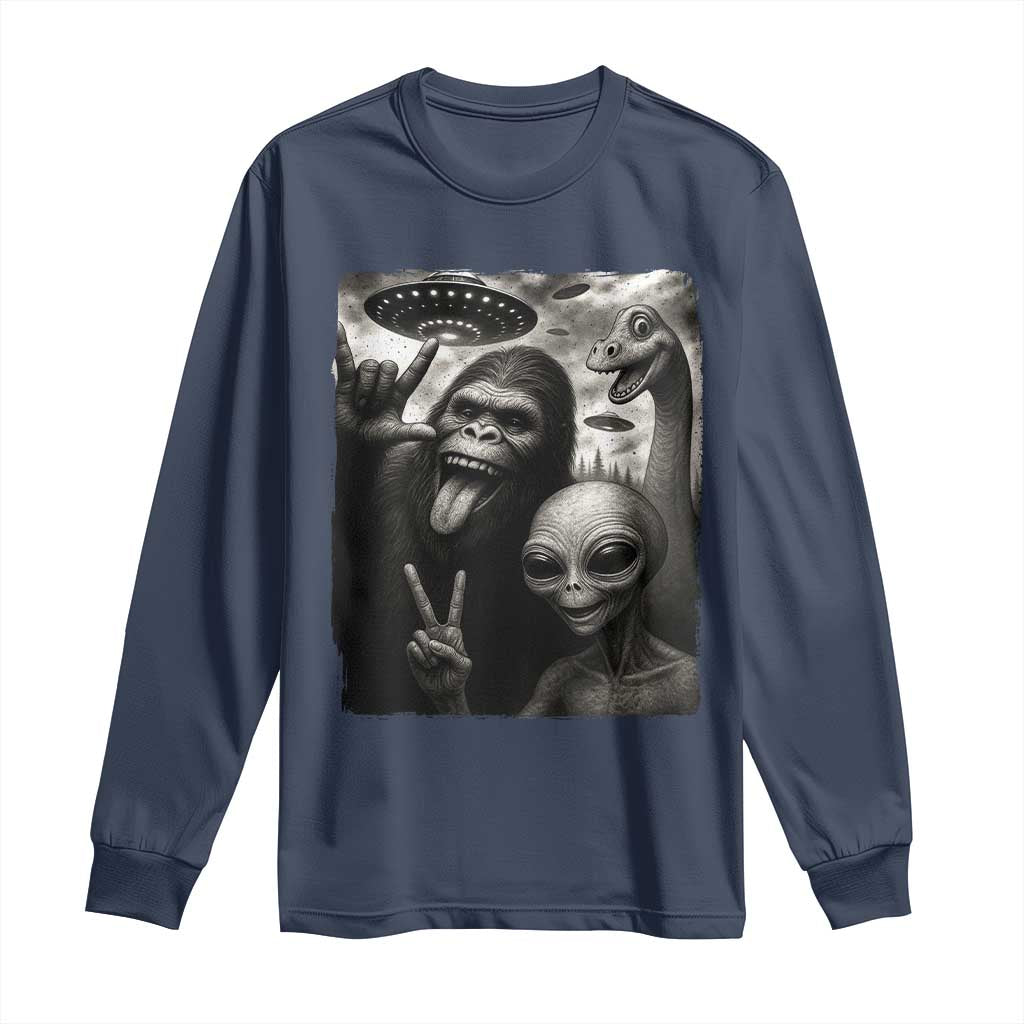 Bigfoot Alien Loch Ness Monster Long Sleeve Shirt Funny Cryptid UFO Selfie Sasquatch Rock On TS10 Navy Print Your Wear
