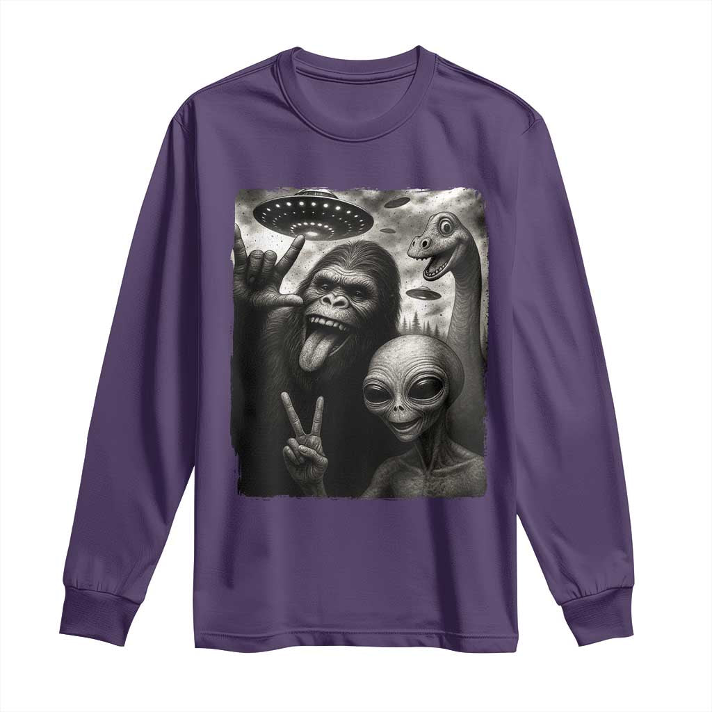 Bigfoot Alien Loch Ness Monster Long Sleeve Shirt Funny Cryptid UFO Selfie Sasquatch Rock On TS10 Purple Print Your Wear