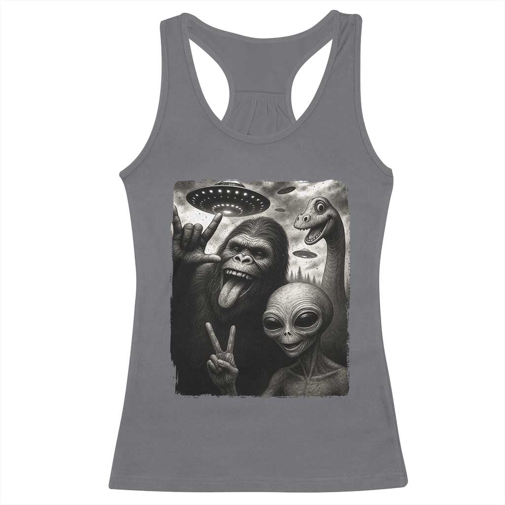Bigfoot Alien Loch Ness Monster Racerback Tank Top Funny Cryptid UFO Selfie Sasquatch Rock On - Print Your Wear