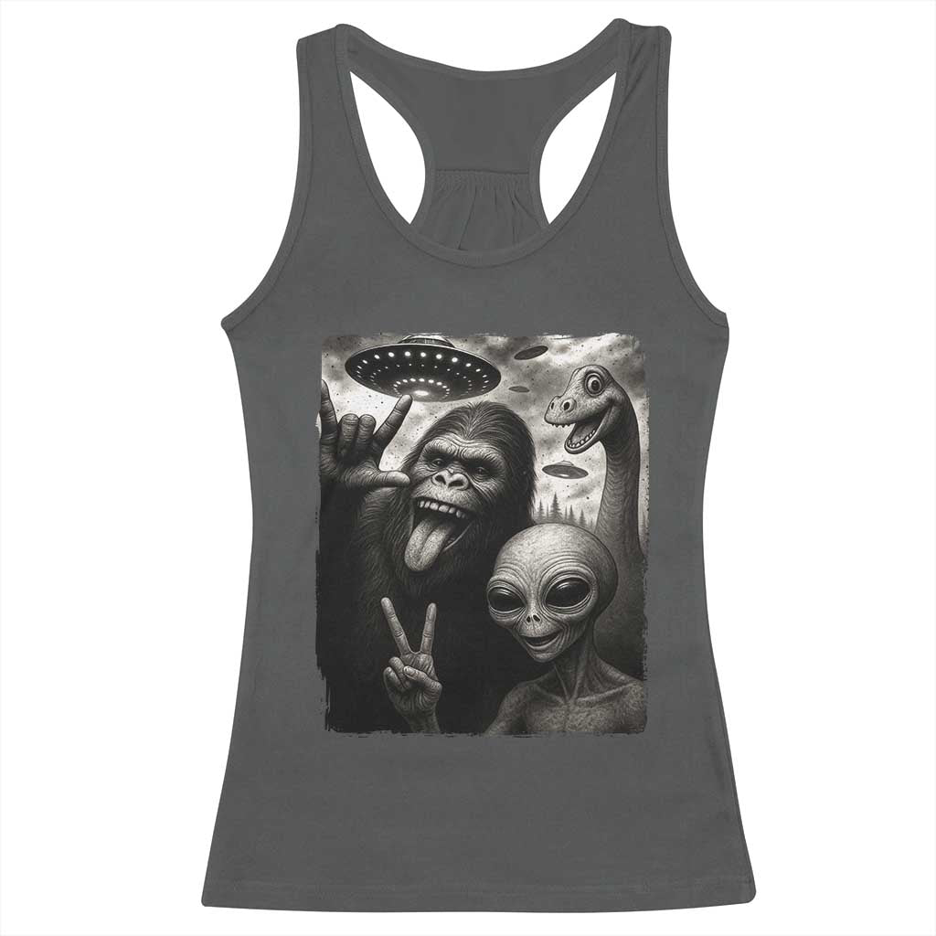 Bigfoot Alien Loch Ness Monster Racerback Tank Top Funny Cryptid UFO Selfie Sasquatch Rock On TS10 Dark Heather Print Your Wear
