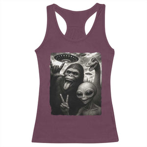 Bigfoot Alien Loch Ness Monster Racerback Tank Top Funny Cryptid UFO Selfie Sasquatch Rock On - Print Your Wear