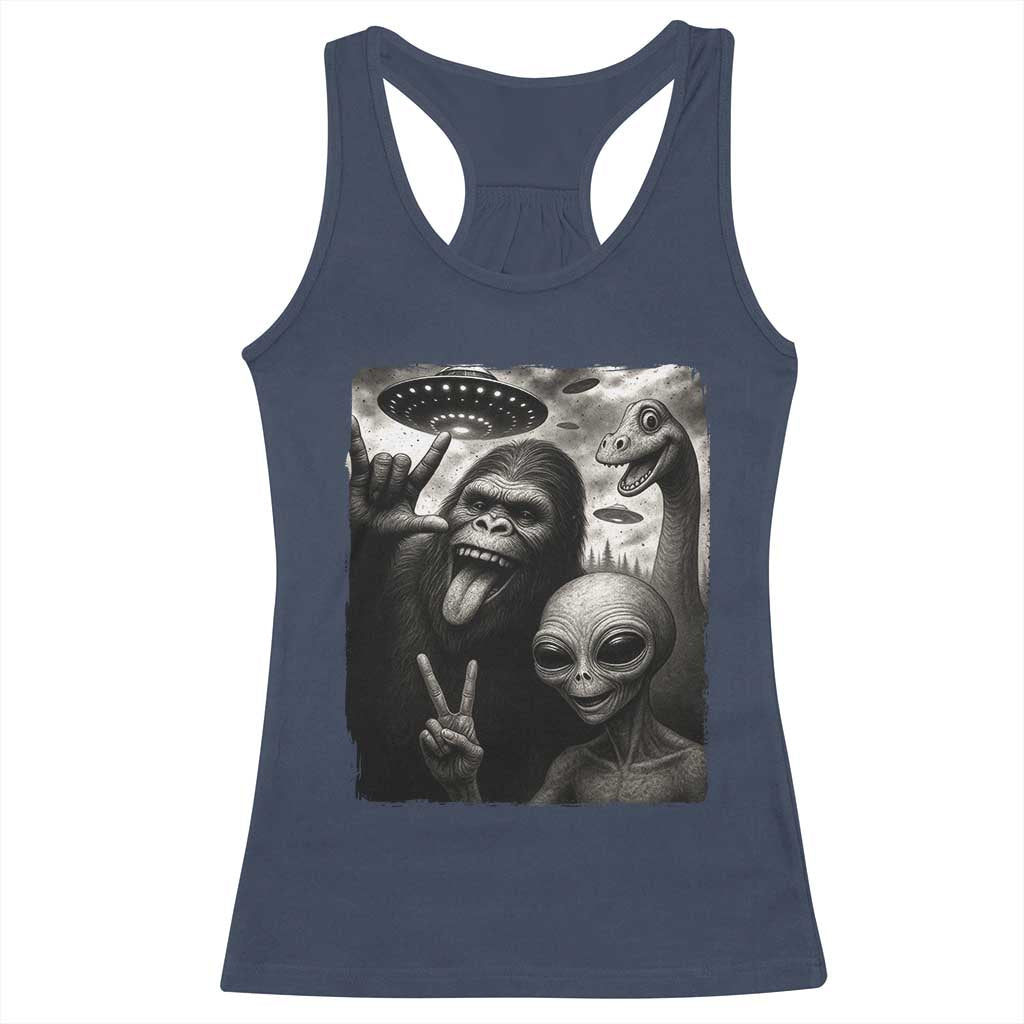 Bigfoot Alien Loch Ness Monster Racerback Tank Top Funny Cryptid UFO Selfie Sasquatch Rock On - Print Your Wear
