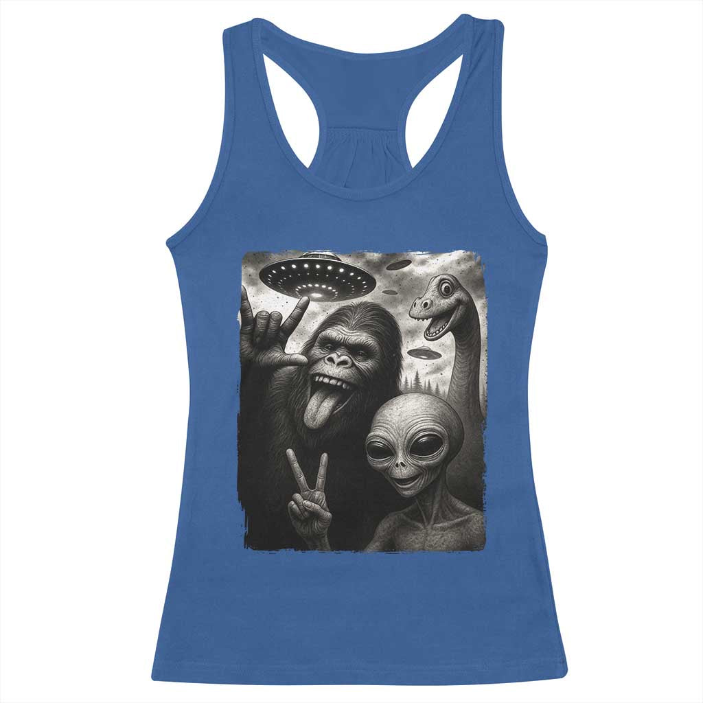 Bigfoot Alien Loch Ness Monster Racerback Tank Top Funny Cryptid UFO Selfie Sasquatch Rock On - Print Your Wear