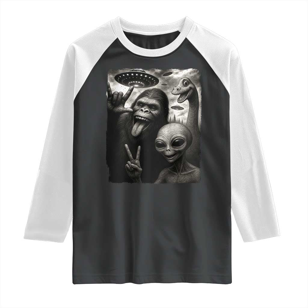 Bigfoot Alien Loch Ness Monster Raglan Shirt Funny Cryptid UFO Selfie Sasquatch Rock On TS10 Black White Print Your Wear