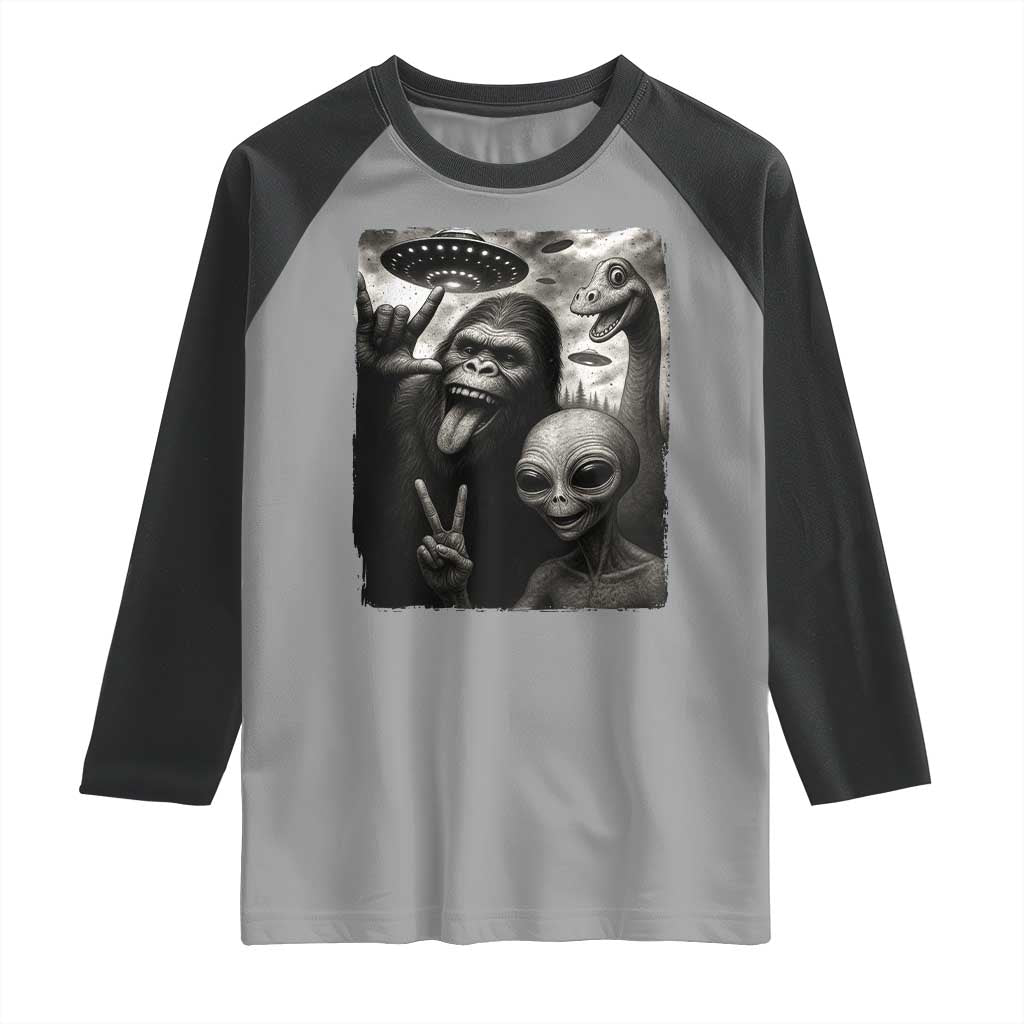 Bigfoot Alien Loch Ness Monster Raglan Shirt Funny Cryptid UFO Selfie Sasquatch Rock On TS10 Sport Gray Black Print Your Wear