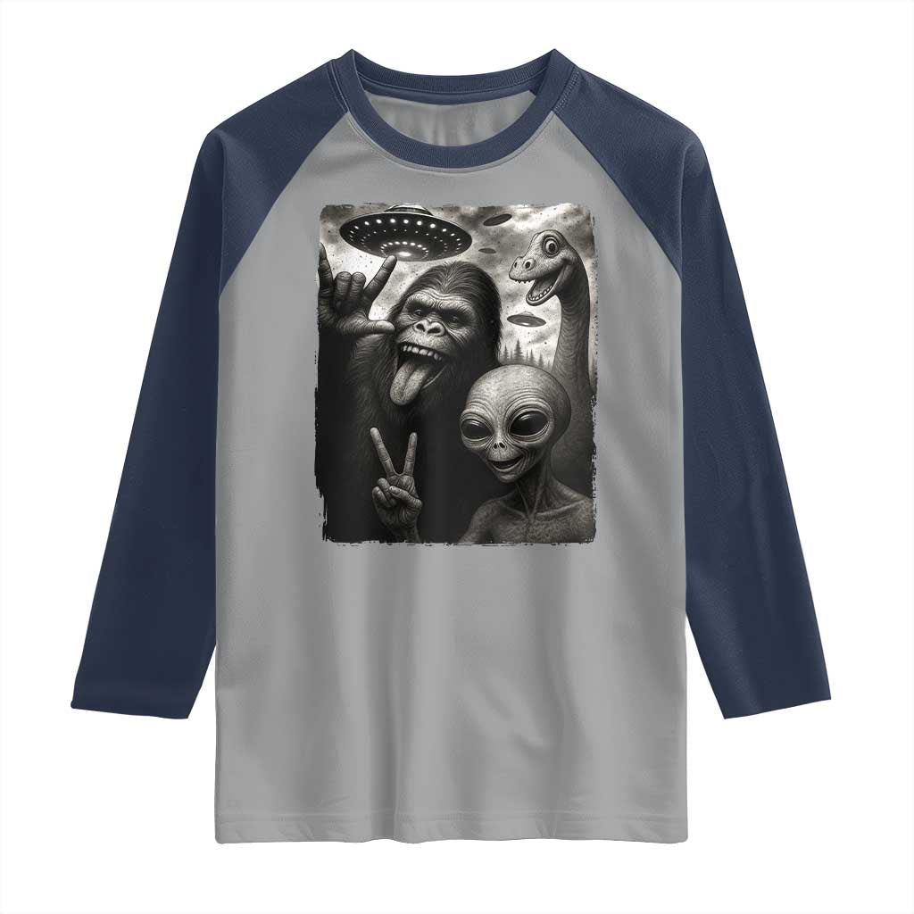 Bigfoot Alien Loch Ness Monster Raglan Shirt Funny Cryptid UFO Selfie Sasquatch Rock On TS10 Sport Gray Navy Print Your Wear