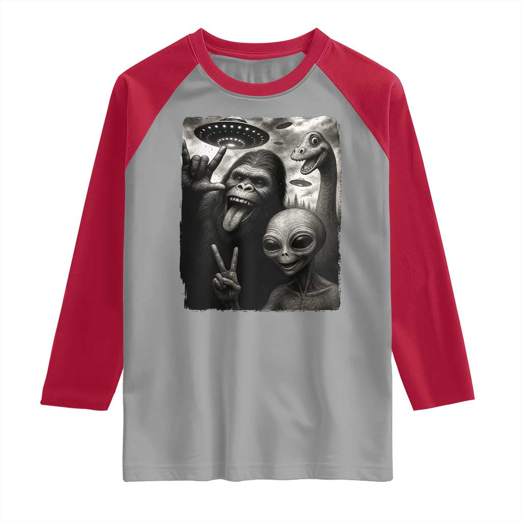Bigfoot Alien Loch Ness Monster Raglan Shirt Funny Cryptid UFO Selfie Sasquatch Rock On TS10 Sport Gray Red Print Your Wear