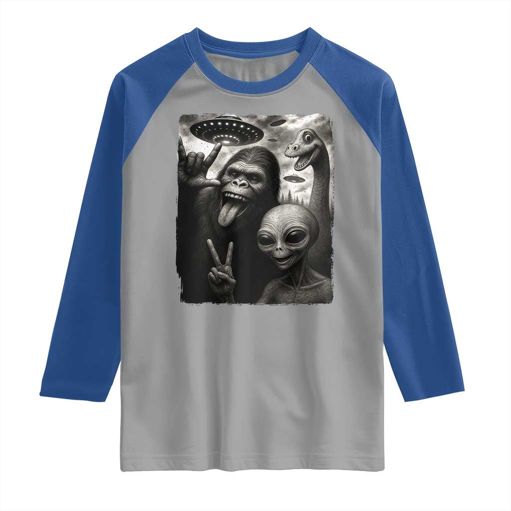 Bigfoot Alien Loch Ness Monster Raglan Shirt Funny Cryptid UFO Selfie Sasquatch Rock On TS10 Sport Gray Royal Print Your Wear