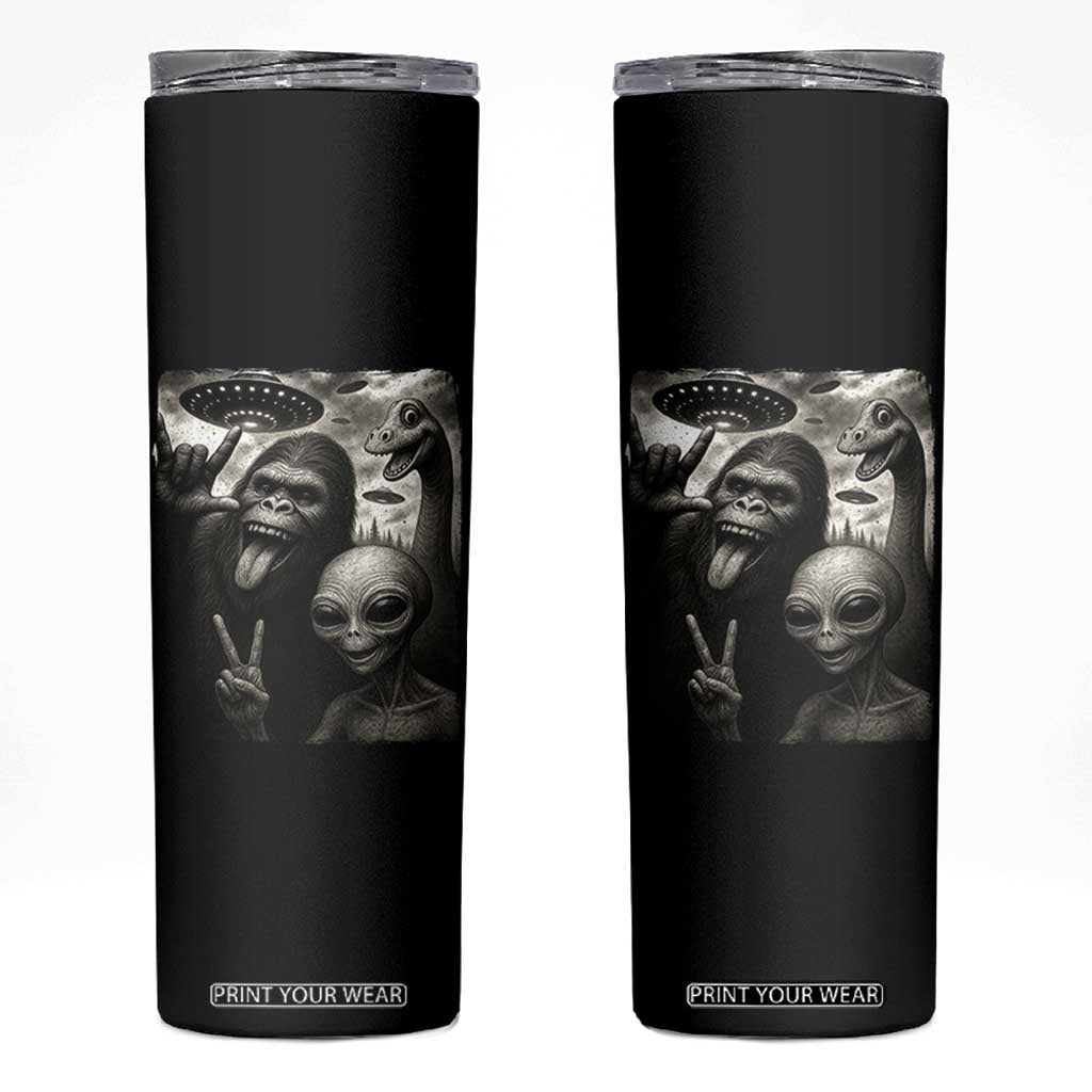 Bigfoot Alien Loch Ness Monster Skinny Tumbler Funny Cryptid UFO Selfie Sasquatch Rock On TS10 Black Print Your Wear