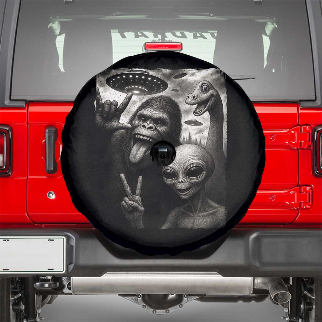 Bigfoot Alien Loch Ness Monster Spare Tire Cover Funny Cryptid UFO Selfie Sasquatch Rock On TS10 Black Print Your Wear