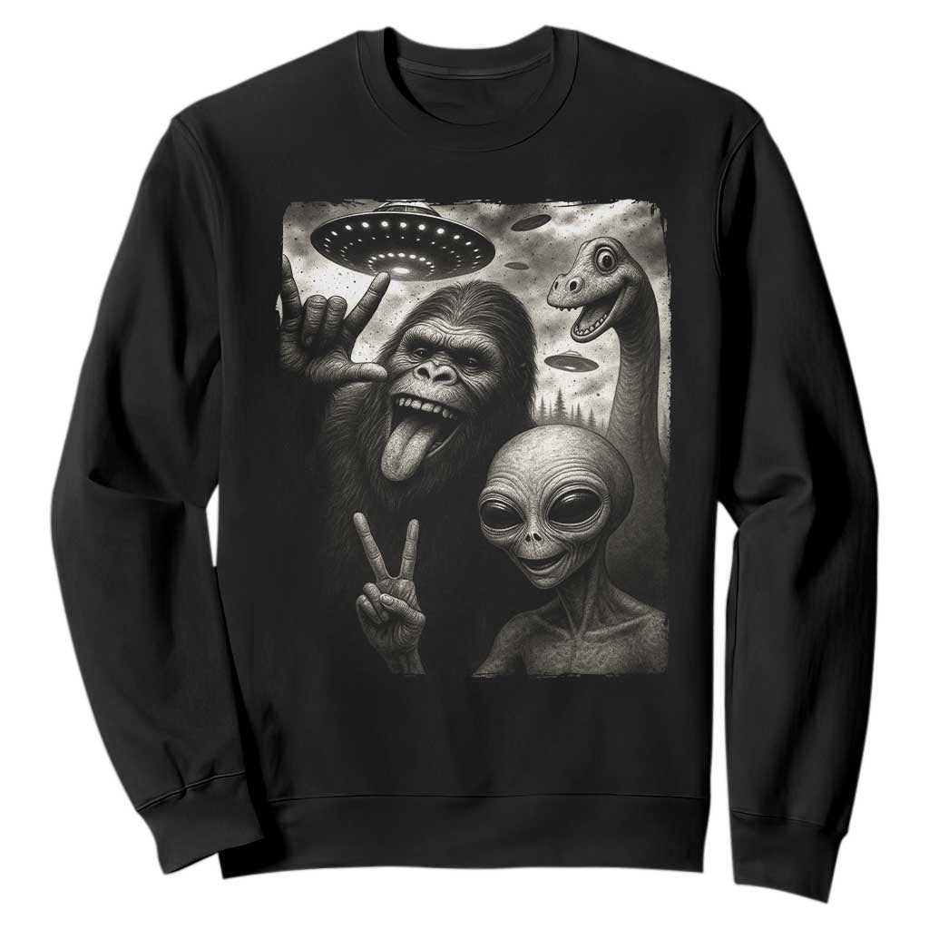 Bigfoot Alien Loch Ness Monster Sweatshirt Funny Cryptid UFO Selfie Sasquatch Rock On TS10 Black Print Your Wear