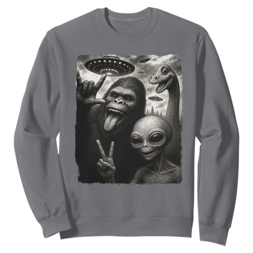 Bigfoot Alien Loch Ness Monster Sweatshirt Funny Cryptid UFO Selfie Sasquatch Rock On TS10 Charcoal Print Your Wear