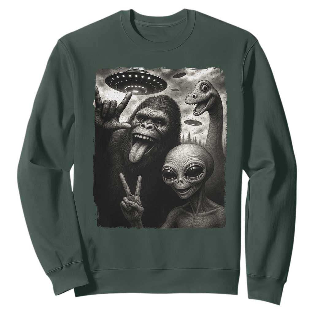 Bigfoot Alien Loch Ness Monster Sweatshirt Funny Cryptid UFO Selfie Sasquatch Rock On TS10 Dark Forest Green Print Your Wear