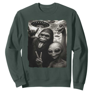 Bigfoot Alien Loch Ness Monster Sweatshirt Funny Cryptid UFO Selfie Sasquatch Rock On TS10 Dark Forest Green Print Your Wear