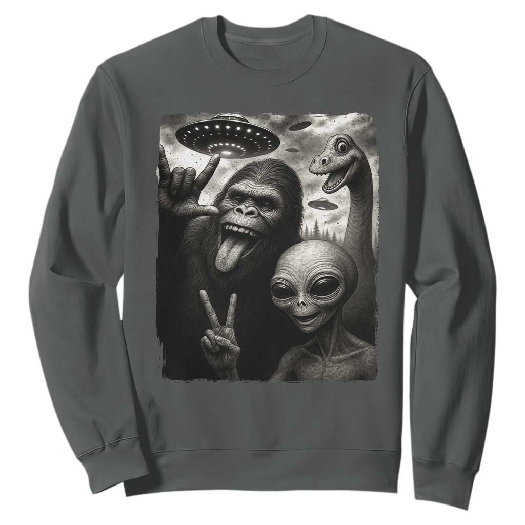 Bigfoot Alien Loch Ness Monster Sweatshirt Funny Cryptid UFO Selfie Sasquatch Rock On TS10 Dark Heather Print Your Wear