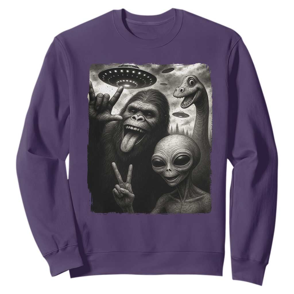 Bigfoot Alien Loch Ness Monster Sweatshirt Funny Cryptid UFO Selfie Sasquatch Rock On TS10 Purple Print Your Wear