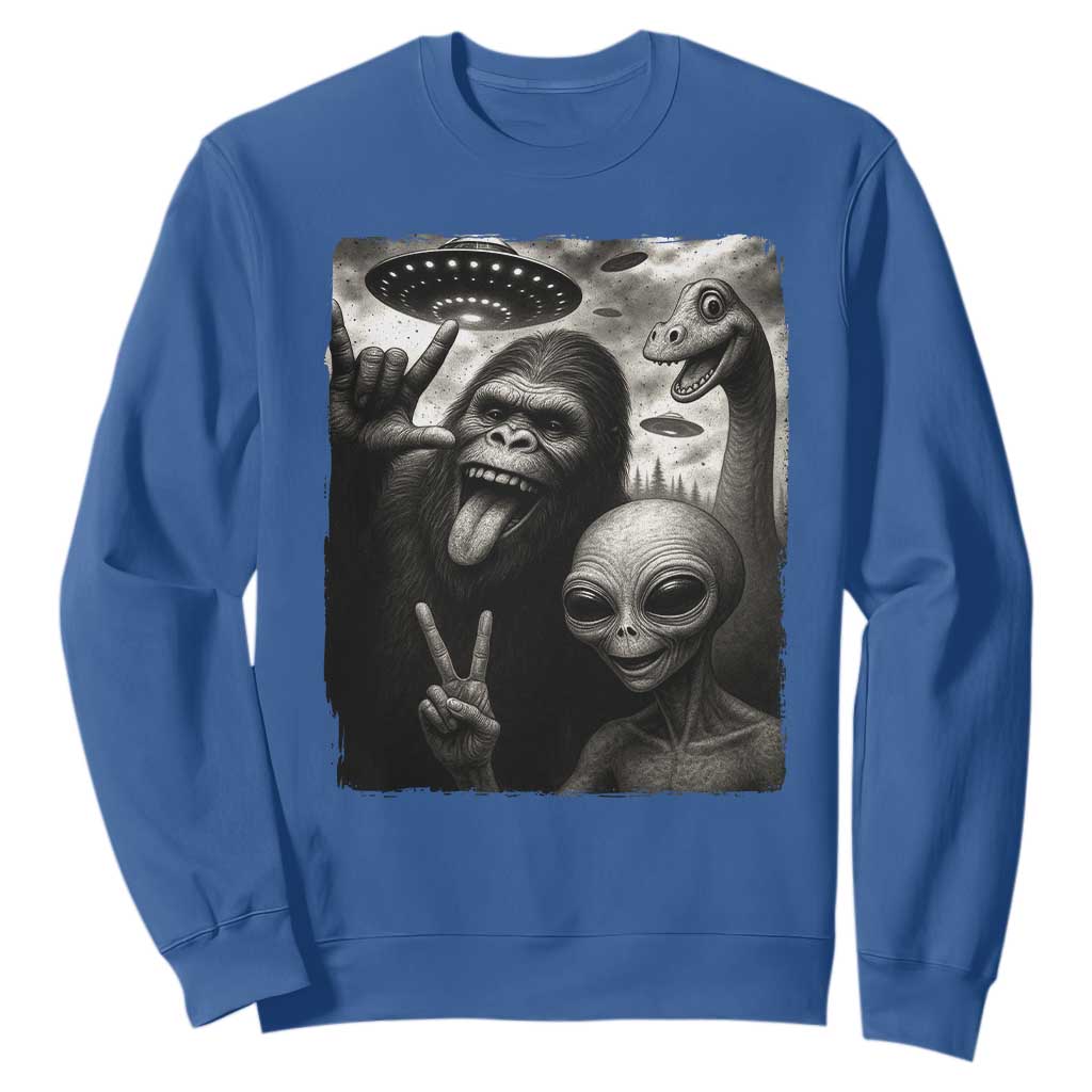 Bigfoot Alien Loch Ness Monster Sweatshirt Funny Cryptid UFO Selfie Sasquatch Rock On TS10 Royal Blue Print Your Wear