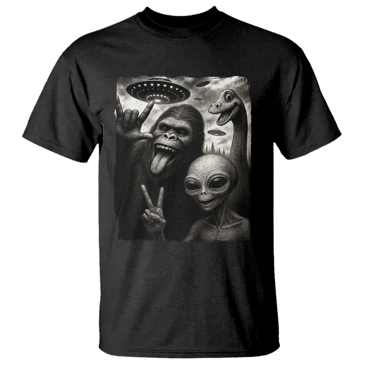Bigfoot Alien Loch Ness Monster T Shirt Funny Cryptid UFO Selfie Sasquatch Rock On TS10 Black Print Your Wear