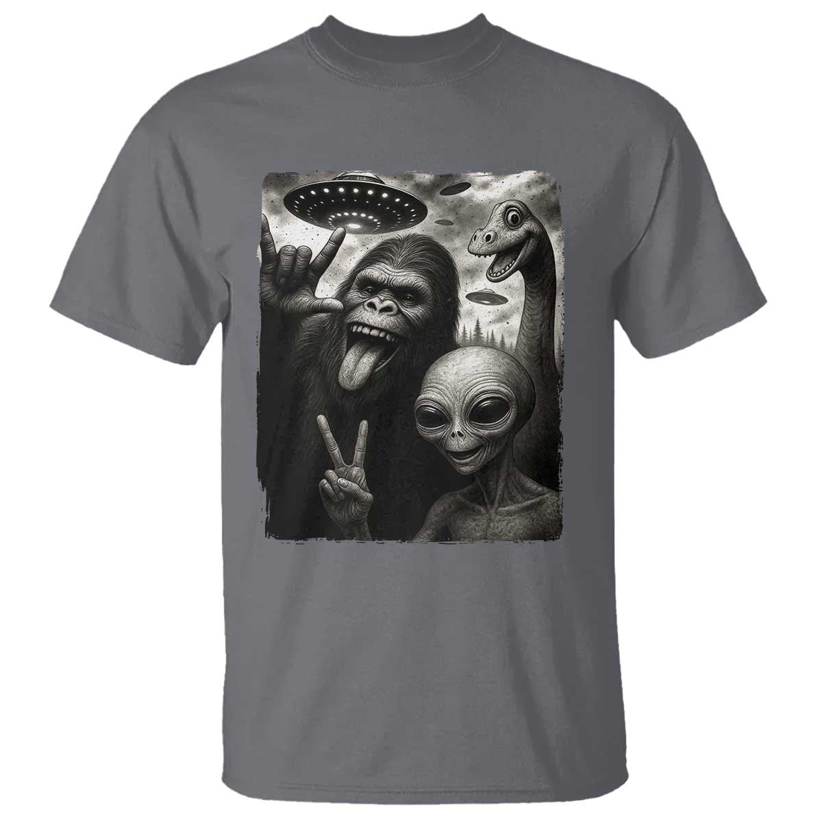 Bigfoot Alien Loch Ness Monster T Shirt Funny Cryptid UFO Selfie Sasquatch Rock On TS10 Charcoal Print Your Wear