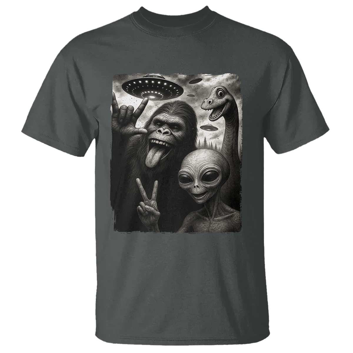 Bigfoot Alien Loch Ness Monster T Shirt Funny Cryptid UFO Selfie Sasquatch Rock On TS10 Dark Heather Print Your Wear