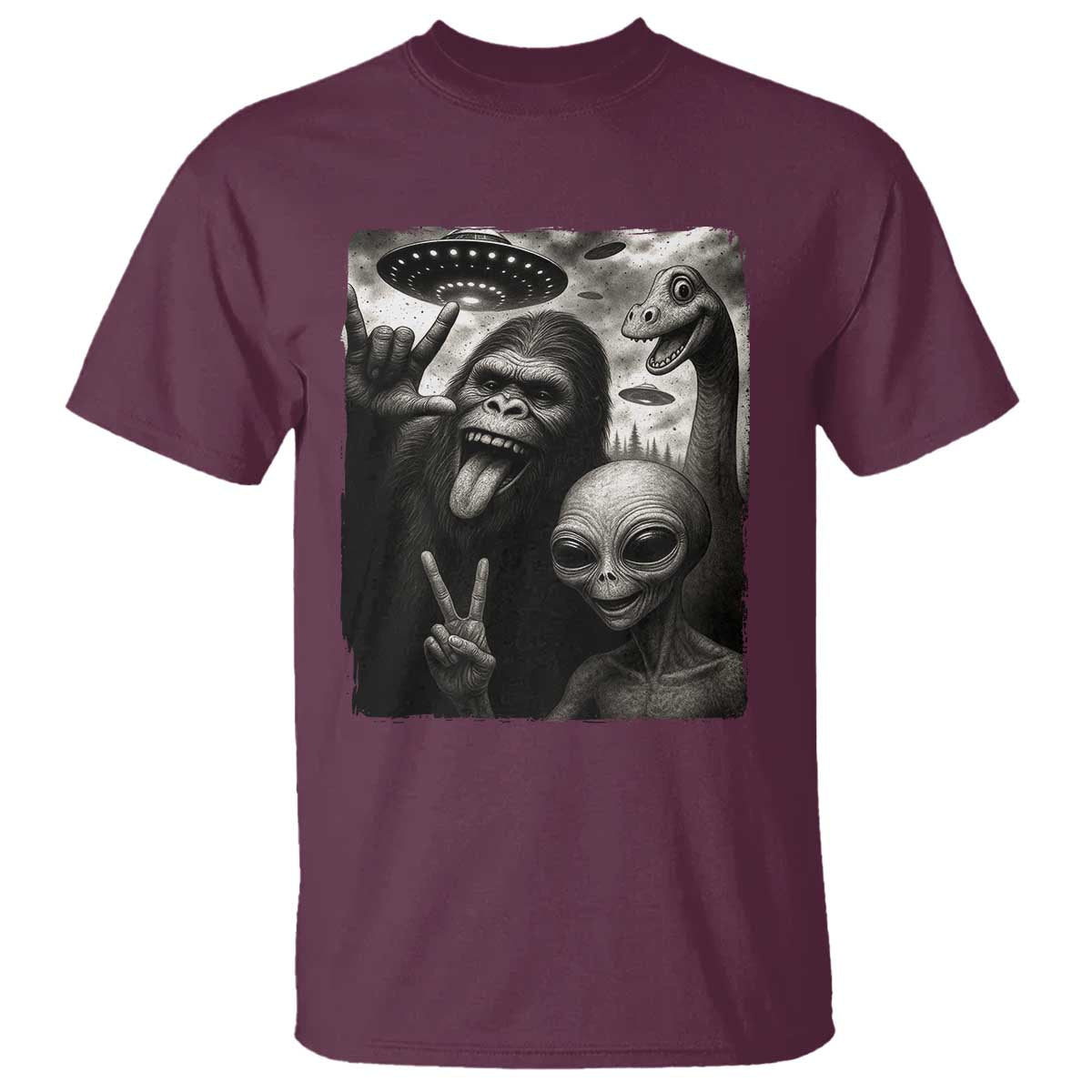 Bigfoot Alien Loch Ness Monster T Shirt Funny Cryptid UFO Selfie Sasquatch Rock On TS10 Maroon Print Your Wear