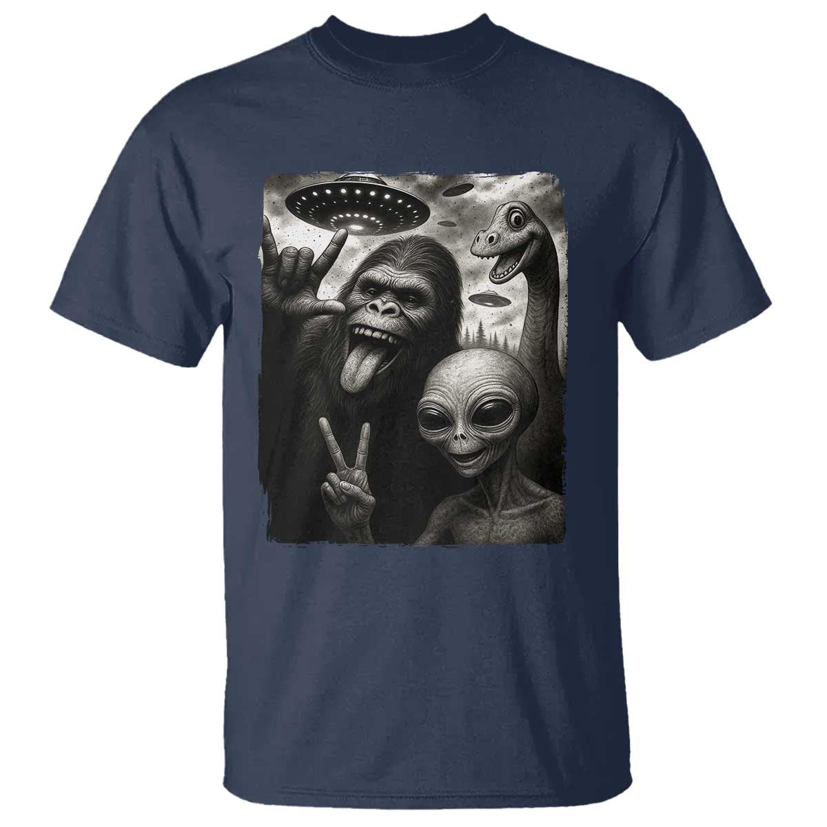 Bigfoot Alien Loch Ness Monster T Shirt Funny Cryptid UFO Selfie Sasquatch Rock On TS10 Navy Print Your Wear