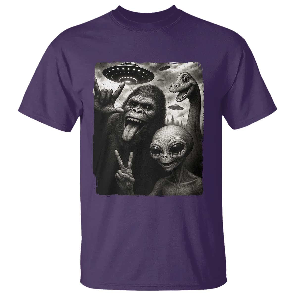 Bigfoot Alien Loch Ness Monster T Shirt Funny Cryptid UFO Selfie Sasquatch Rock On TS10 Purple Print Your Wear
