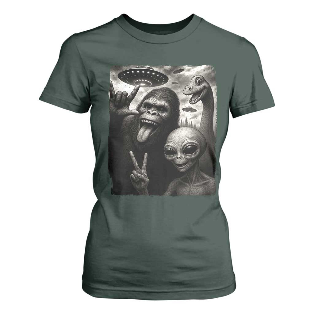Bigfoot Alien Loch Ness Monster T Shirt For Women Funny Cryptid UFO Selfie Sasquatch Rock On TS10 Dark Forest Green Print Your Wear