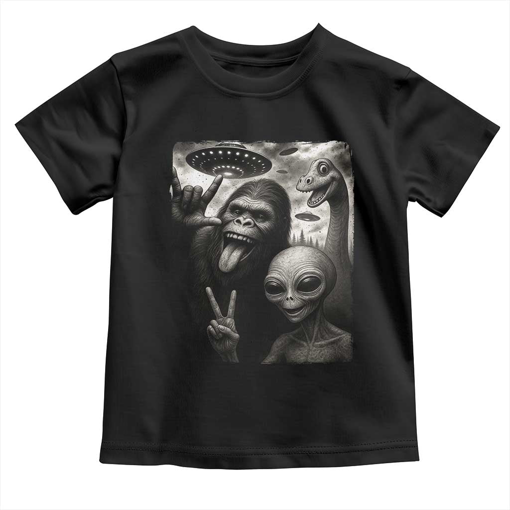 Bigfoot Alien Loch Ness Monster Toddler T Shirt Funny Cryptid UFO Selfie Sasquatch Rock On TS10 Black Print Your Wear