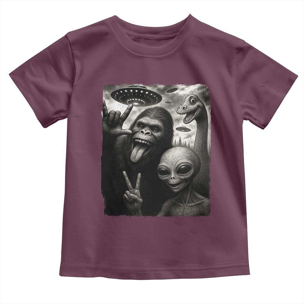Bigfoot Alien Loch Ness Monster Toddler T Shirt Funny Cryptid UFO Selfie Sasquatch Rock On TS10 Maroon Print Your Wear