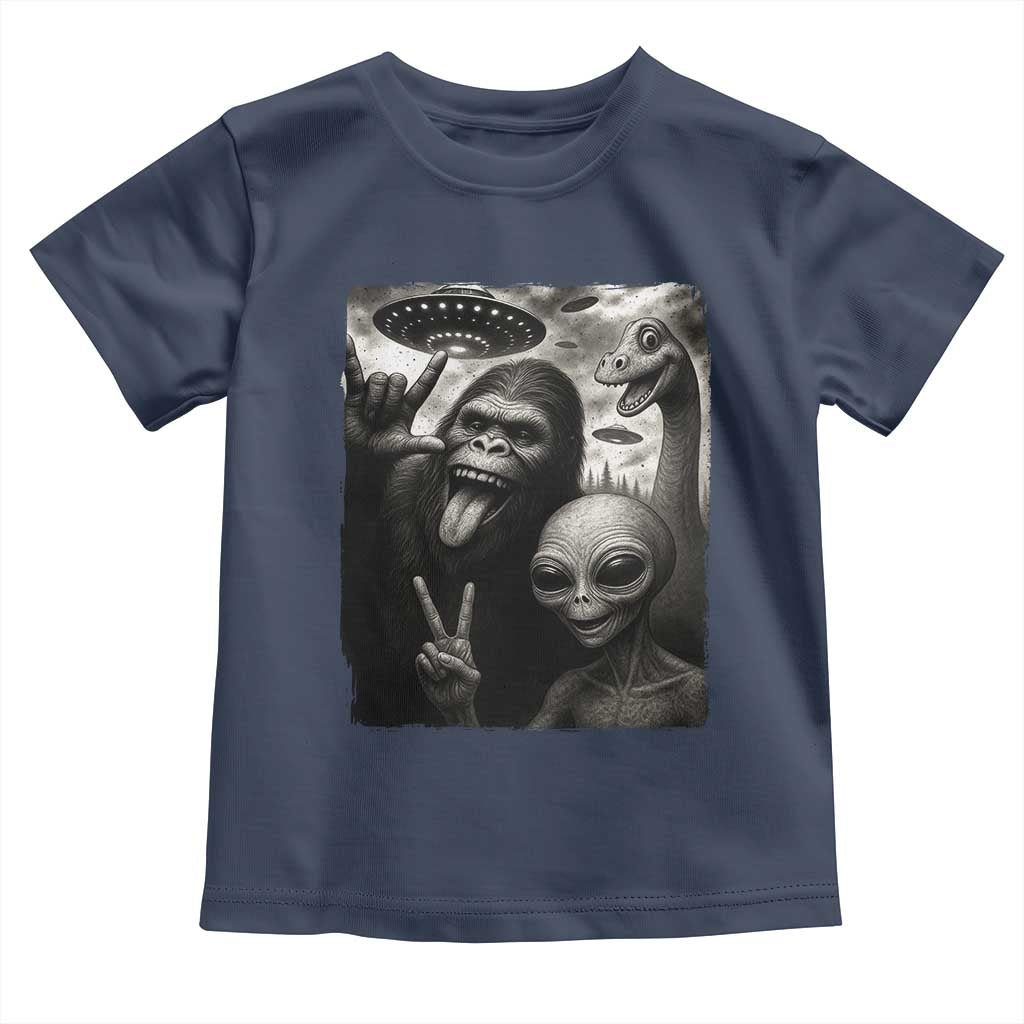 Bigfoot Alien Loch Ness Monster Toddler T Shirt Funny Cryptid UFO Selfie Sasquatch Rock On TS10 Navy Print Your Wear
