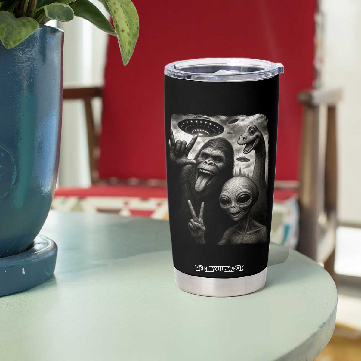 Bigfoot Alien Loch Ness Monster Tumbler Cup Funny Cryptid UFO Selfie Sasquatch Rock On TS10 Print Your Wear