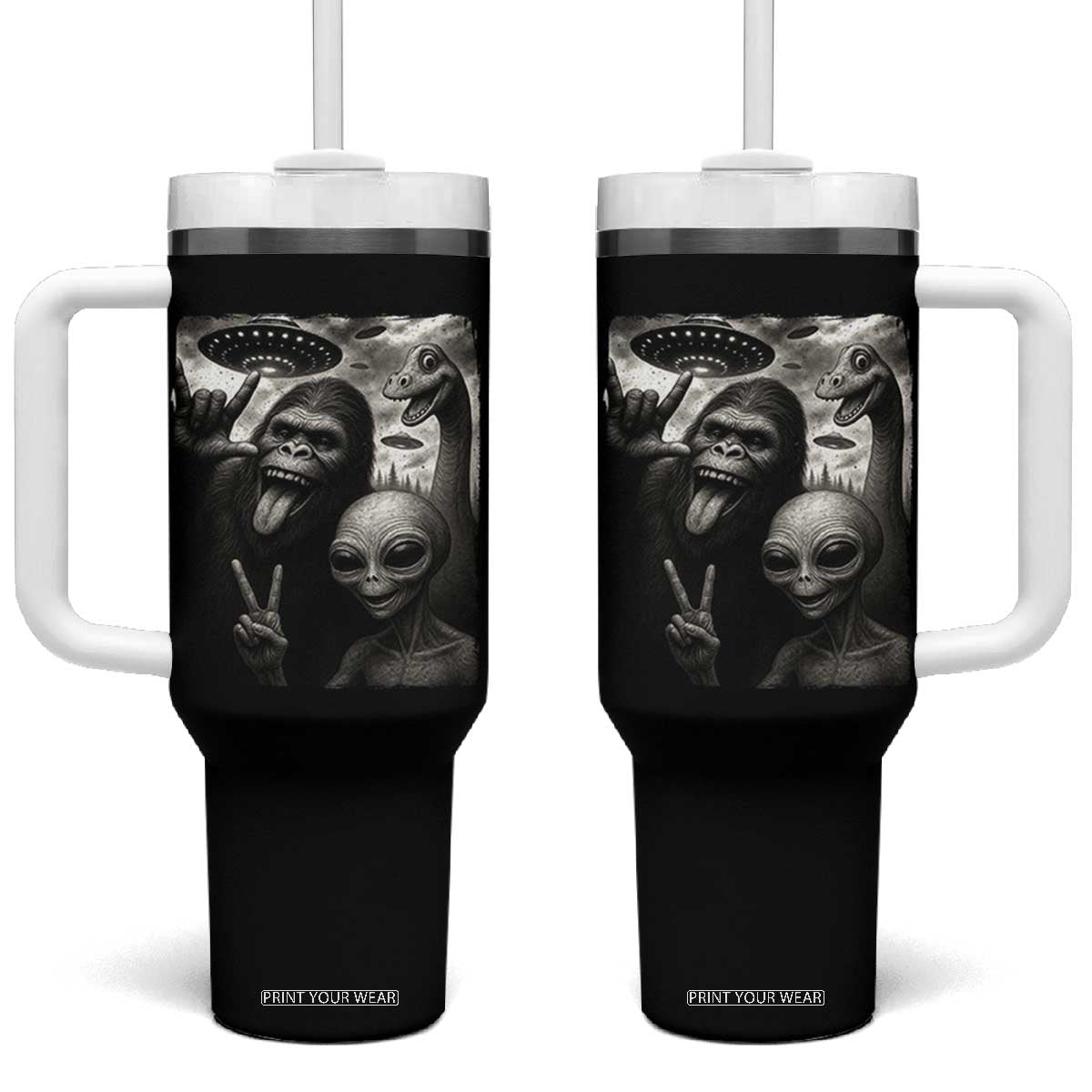 Bigfoot Alien Loch Ness Monster Tumbler With Handle Funny Cryptid UFO Selfie Sasquatch Rock On TS10 One Size: 40 oz Black Print Your Wear