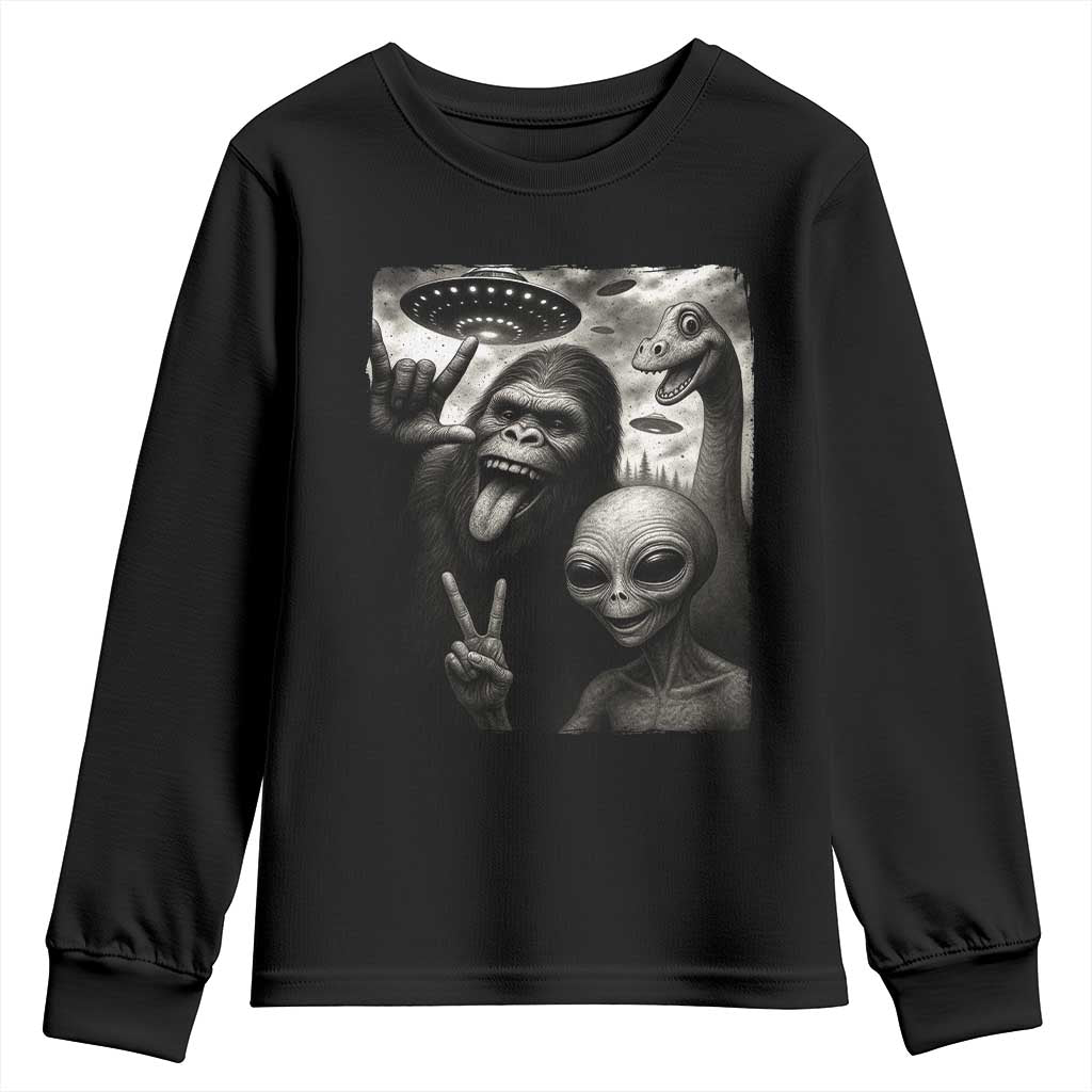 Bigfoot Alien Loch Ness Monster Youth Sweatshirt Funny Cryptid UFO Selfie Sasquatch Rock On TS10 Black Print Your Wear