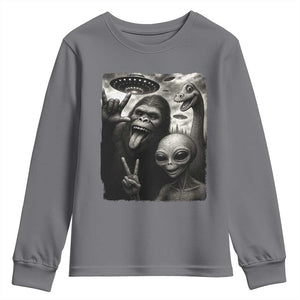 Bigfoot Alien Loch Ness Monster Youth Sweatshirt Funny Cryptid UFO Selfie Sasquatch Rock On TS10 Charcoal Print Your Wear