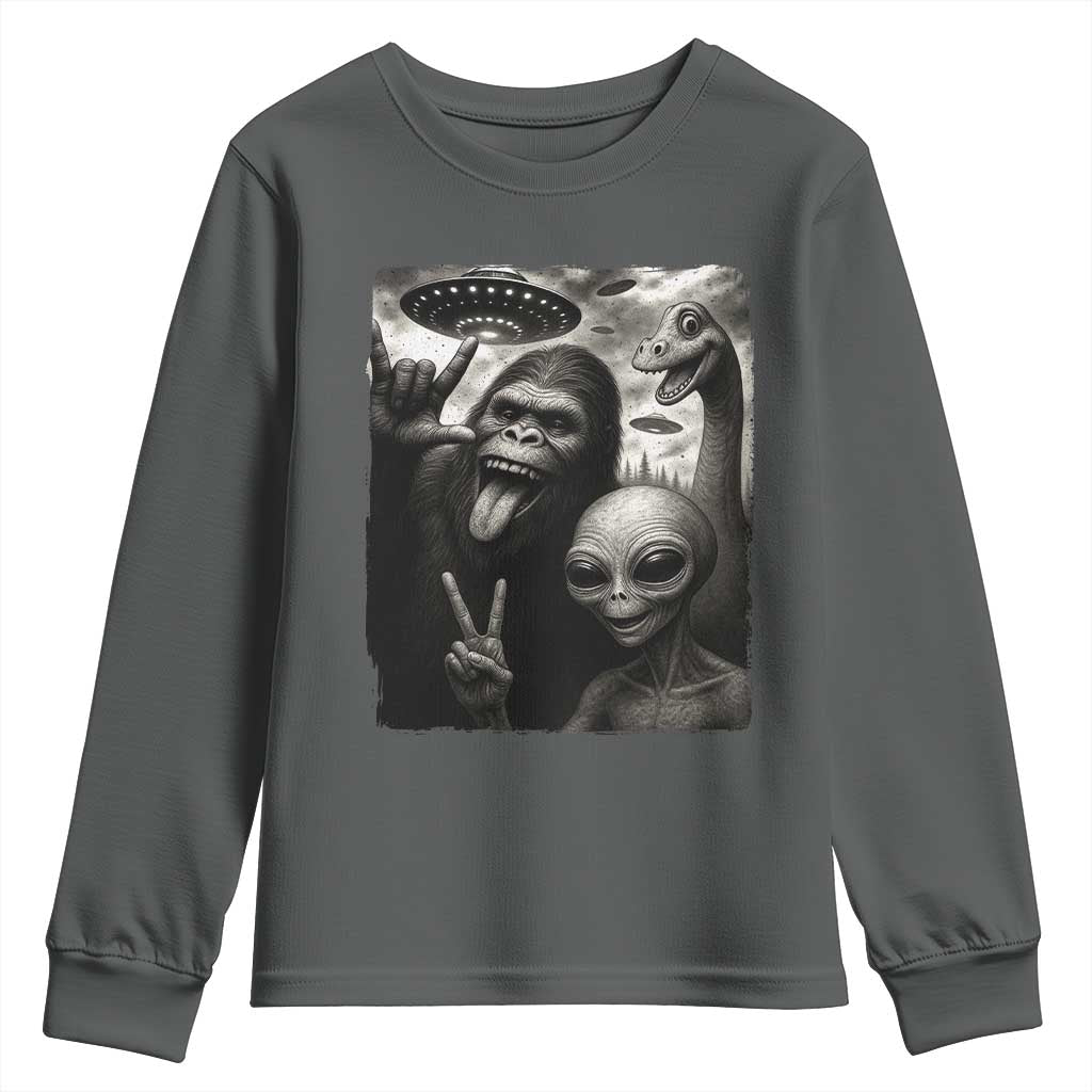 Bigfoot Alien Loch Ness Monster Youth Sweatshirt Funny Cryptid UFO Selfie Sasquatch Rock On TS10 Dark Heather Print Your Wear