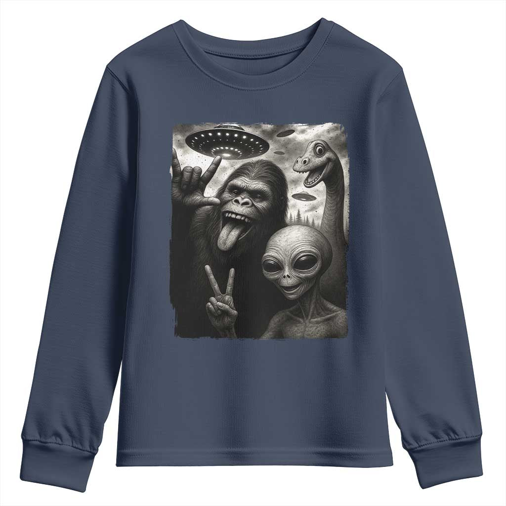Bigfoot Alien Loch Ness Monster Youth Sweatshirt Funny Cryptid UFO Selfie Sasquatch Rock On TS10 Navy Print Your Wear
