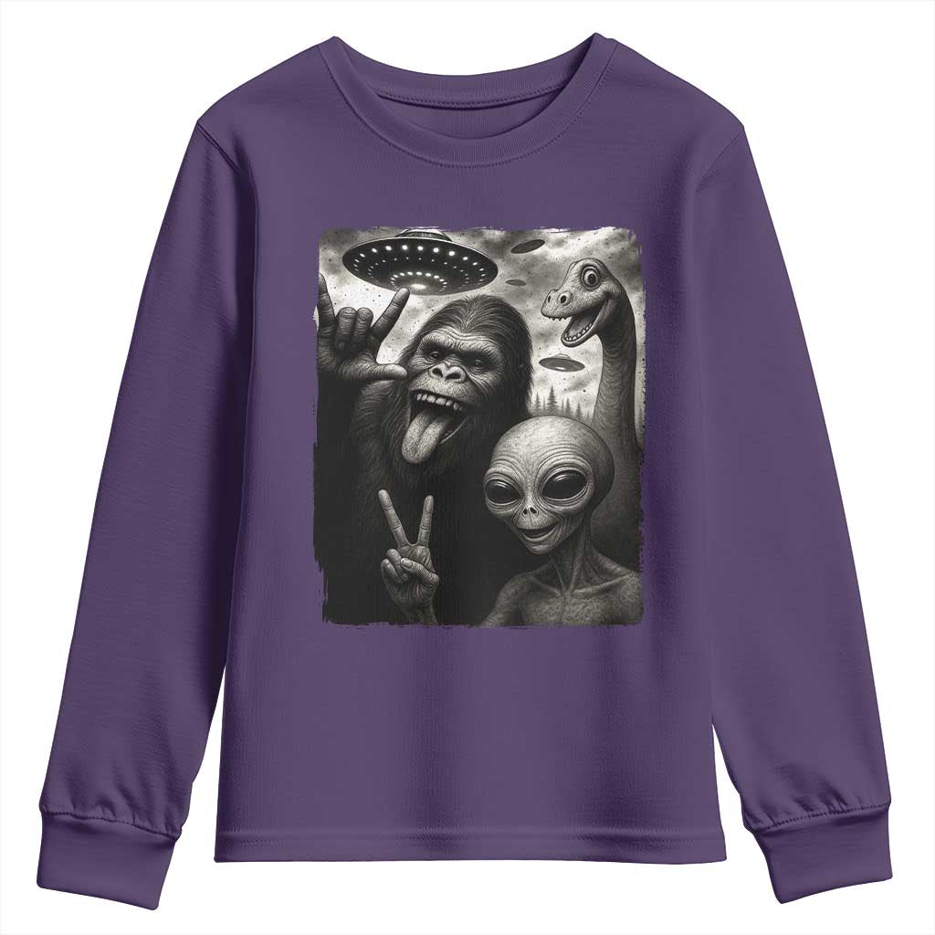 Bigfoot Alien Loch Ness Monster Youth Sweatshirt Funny Cryptid UFO Selfie Sasquatch Rock On TS10 Purple Print Your Wear