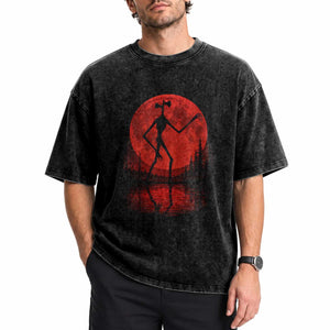 Siren Head Washed Cotton T-Shirt Supernatural American Cryptid Full Blood Moon Halloween