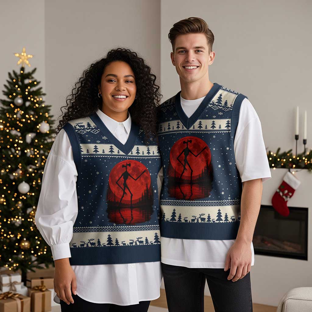 Siren Head V-Neck Knit Sweater Vest Supernatural American Cryptid Full Blood Moon Halloween TS10 Navy Beige Print Your Wear