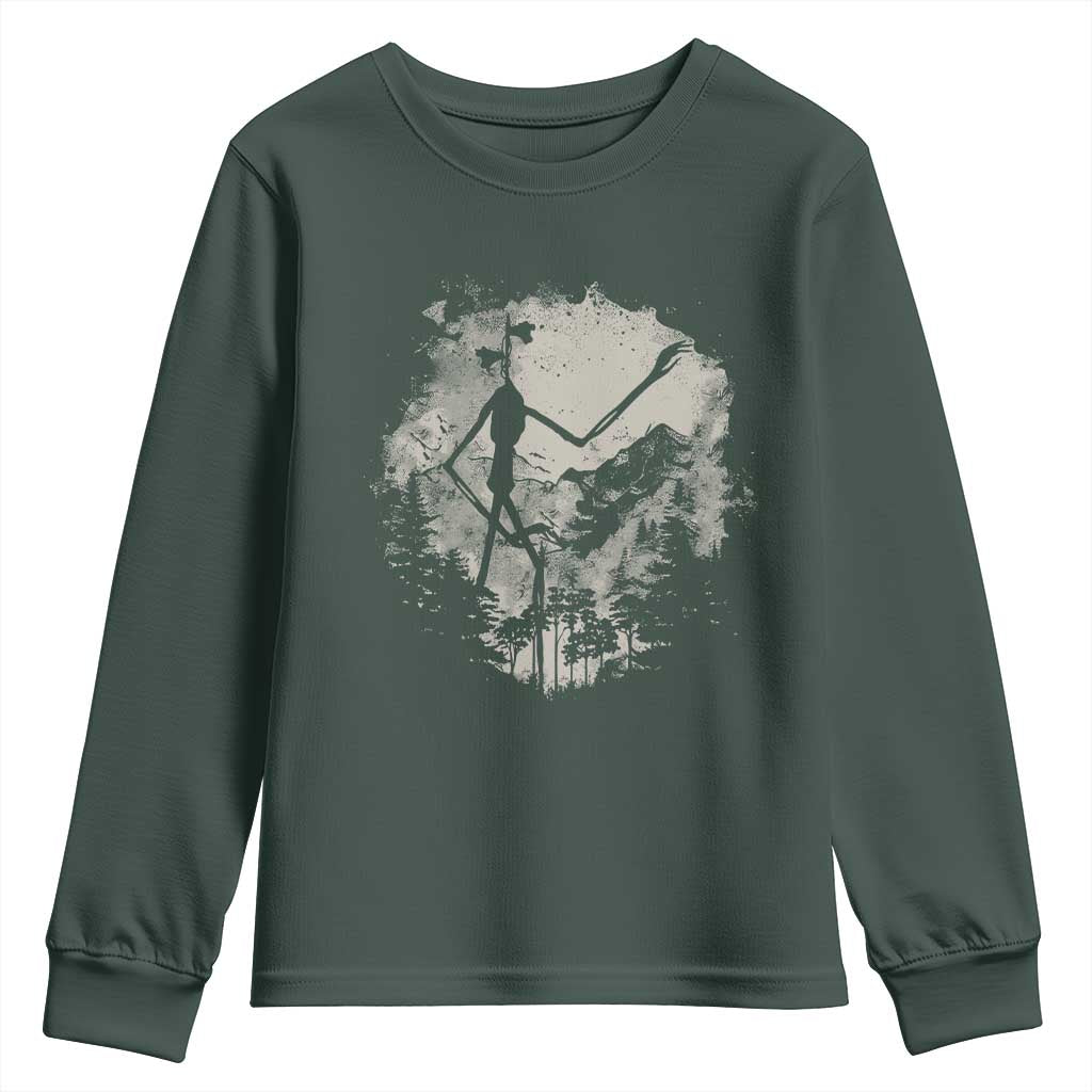 Siren Head Youth Sweatshirt Retro Vintage American Cryptid Mountain Trees TS10 Dark Forest Green Print Your Wear