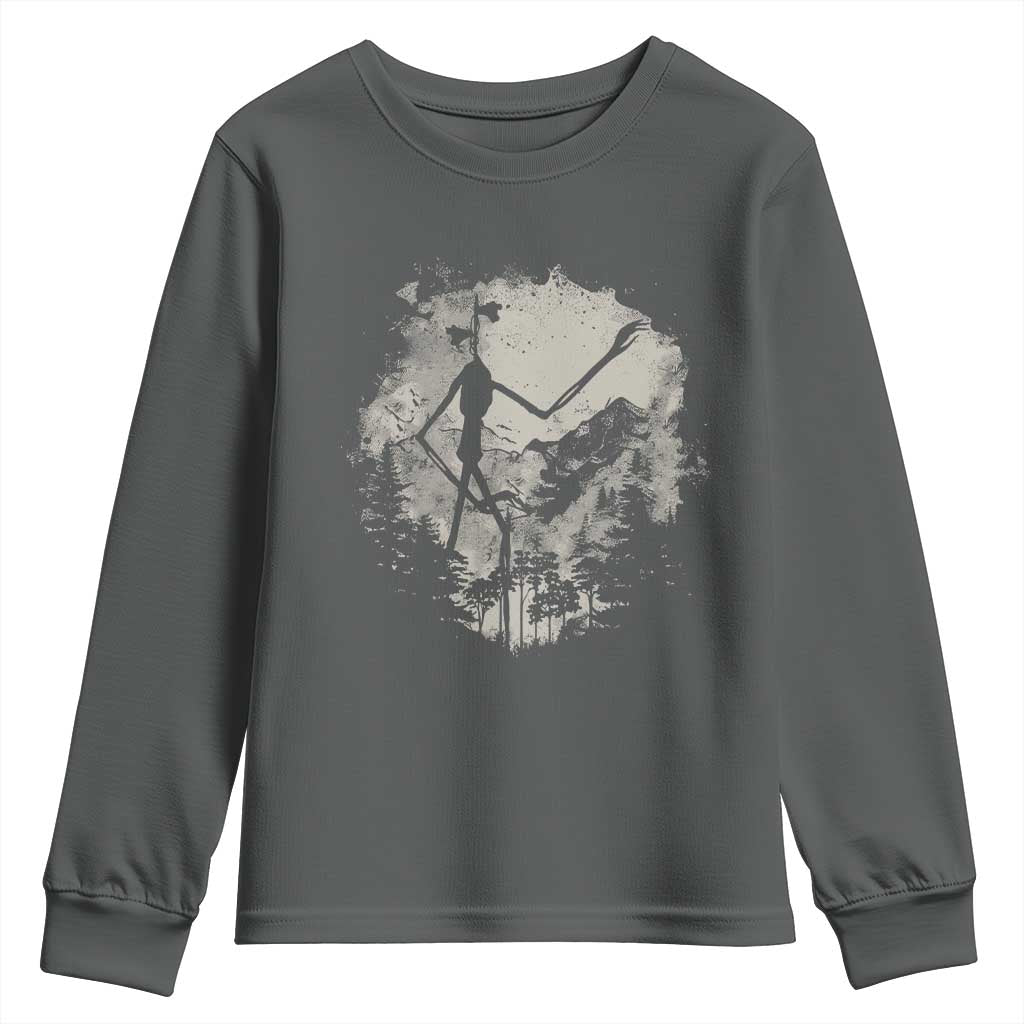 Siren Head Youth Sweatshirt Retro Vintage American Cryptid Mountain Trees TS10 Dark Heather Print Your Wear