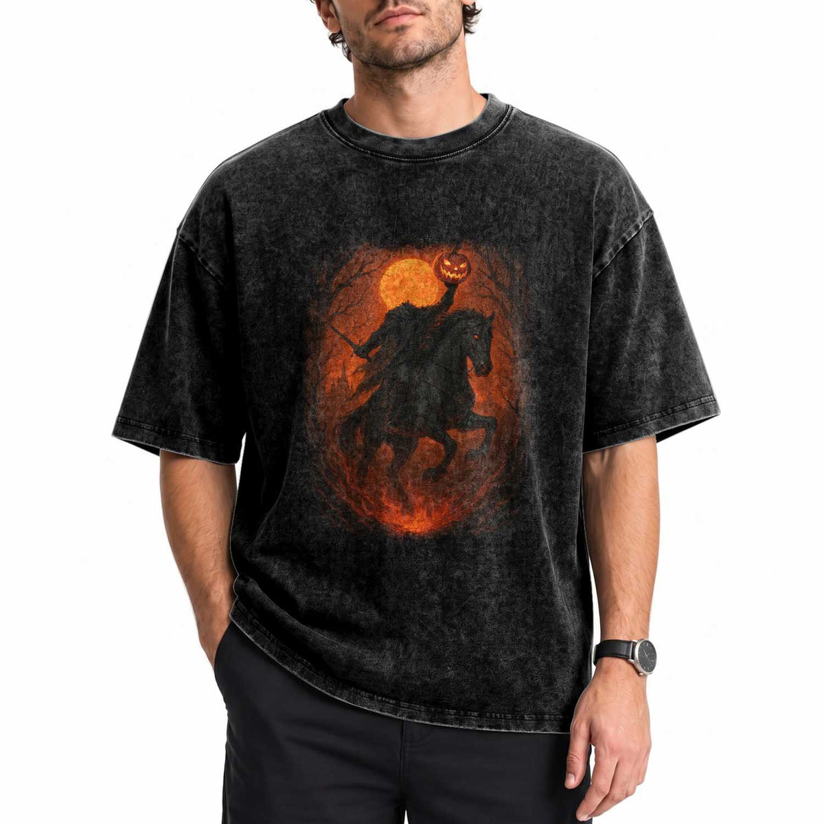 Scary Pumpkin Headless Horseman Halloween Washed Cotton T-Shirt