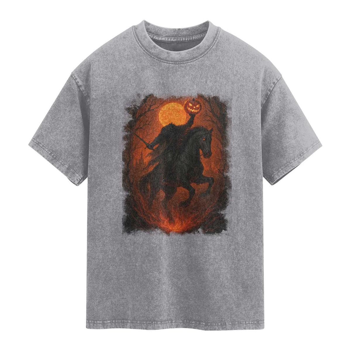 Scary Pumpkin Headless Horseman Halloween Washed Cotton T-Shirt